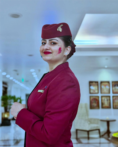 Professional portrait of Kyra Air-hostess Escorts in Indore dressed in stylish cabin-crew attire
